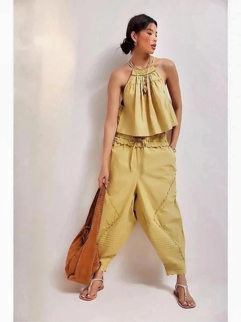 Free People Womens Beach Life Set Size XS Mustard Halter Harem Pants Boho